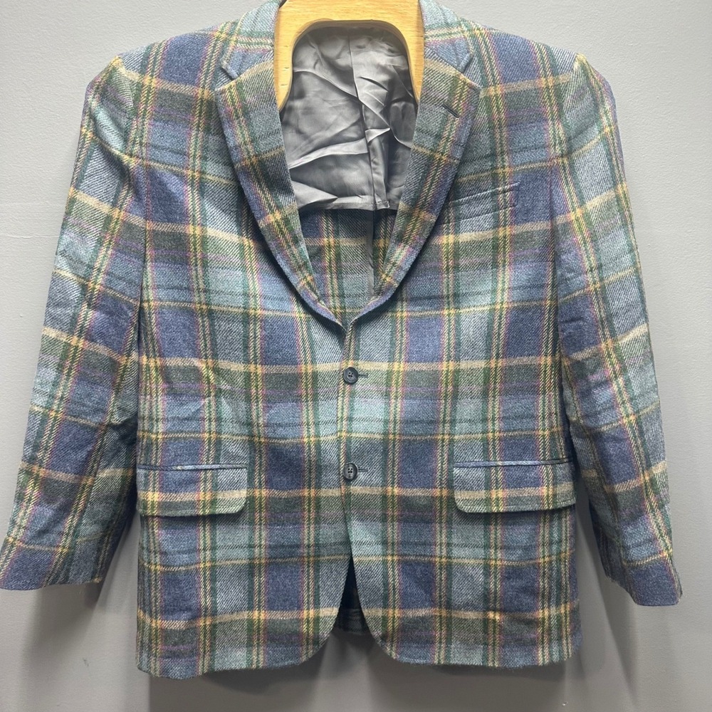 Maus & Hoffman Mens 44R Plaid Sport Coat Blazer Blue Green Made in Canada 2111
